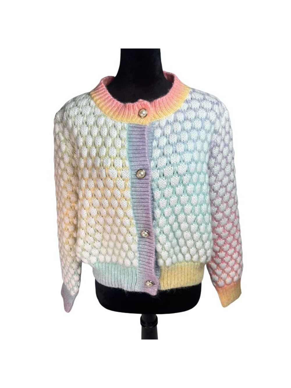 Pastel Rainbow Bubble Knit Cardigan Sweater, Pearl Buttons Colorblock size Large